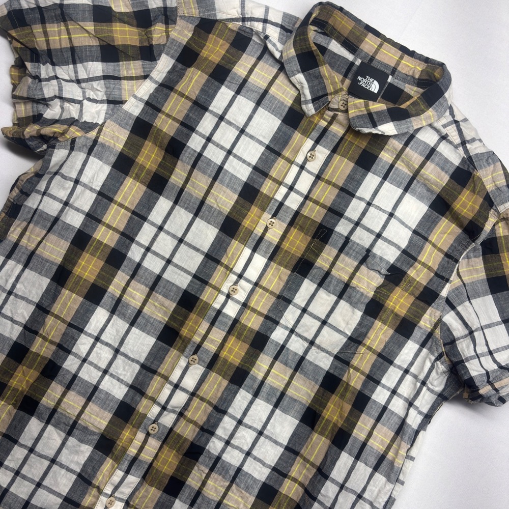 The North Face Mens XL Short Sleeve Plaid Button Down Shirt Black Yellow Cotton